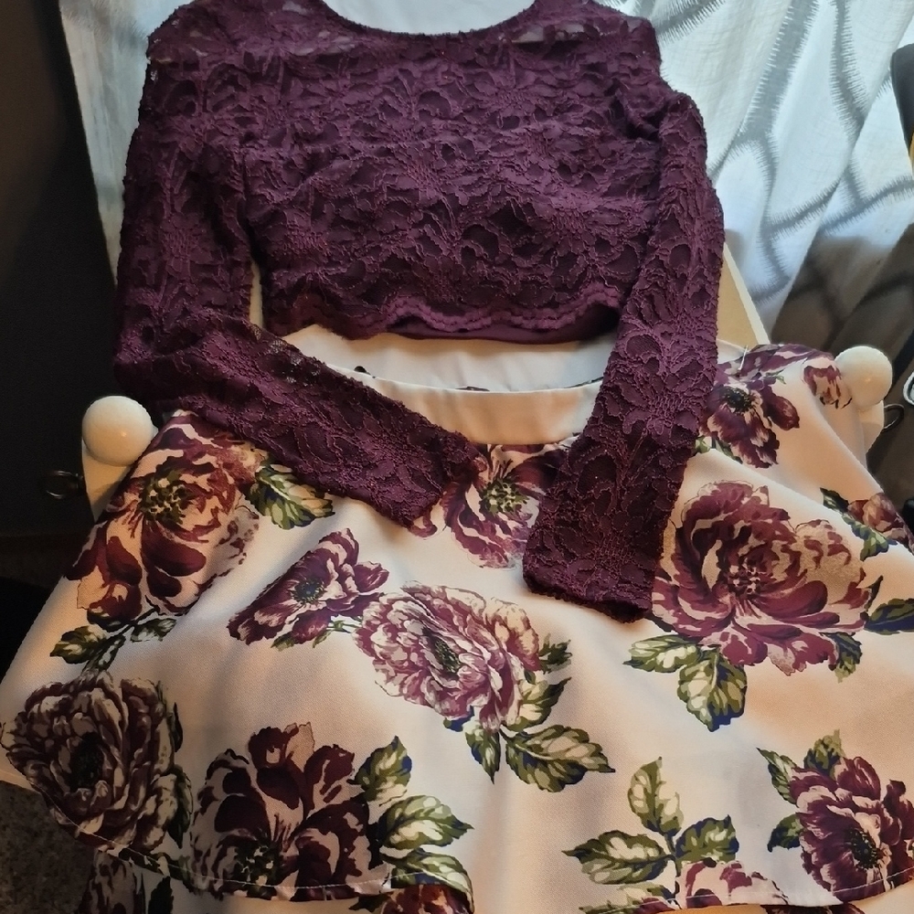 City Studio Plum Lace Top and Floral Skirt Set